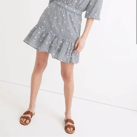 Madewell Dresses & Skirts - Madewell Navy Blue‎ Embroidered Tiered Pull-On Mini Skirt in Gingham Check new